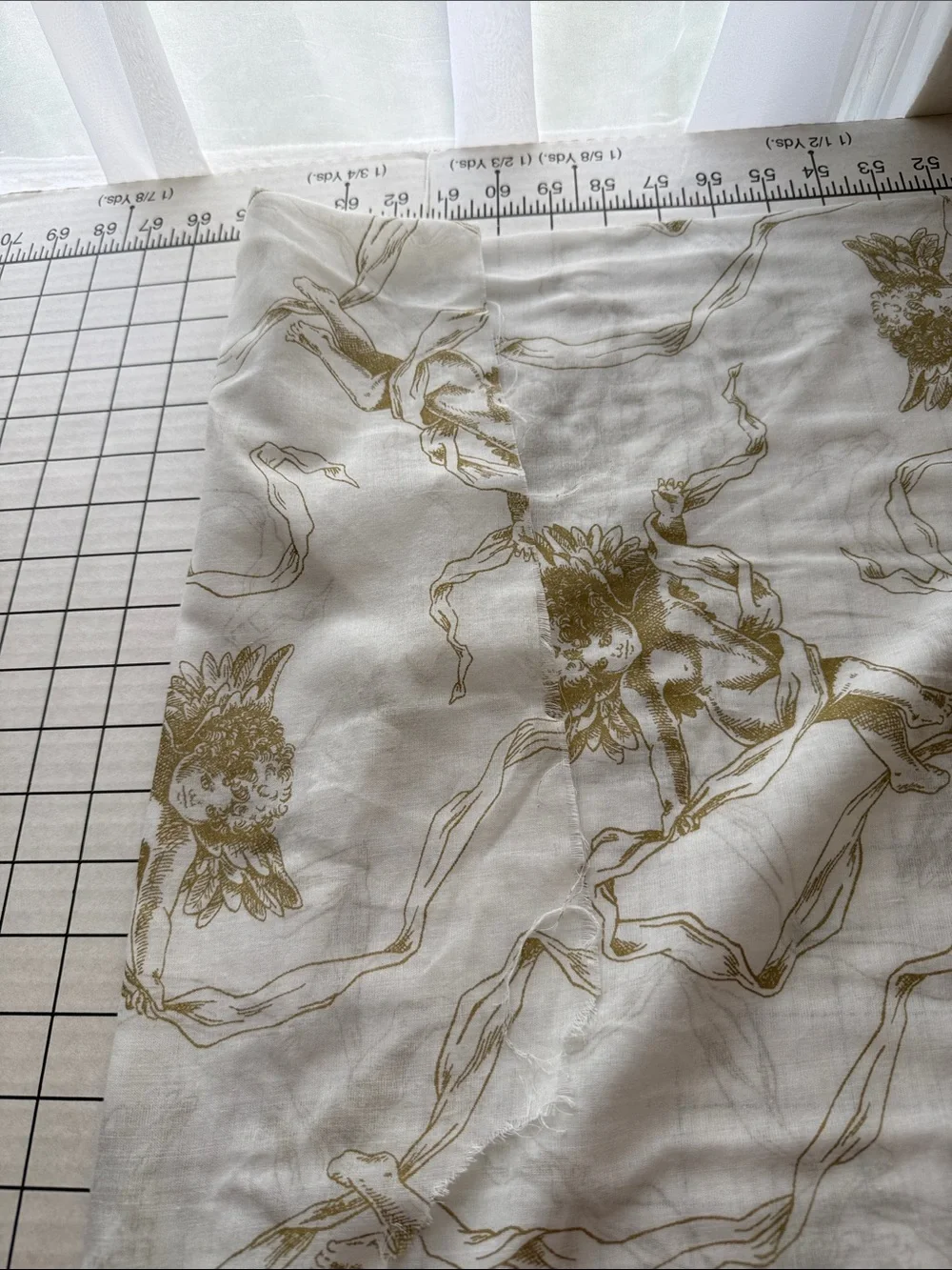 1¾ Yds Vintage Style Cherub Voile Fabric 58” Wide Semi Sheer Ivory Gold Romantic